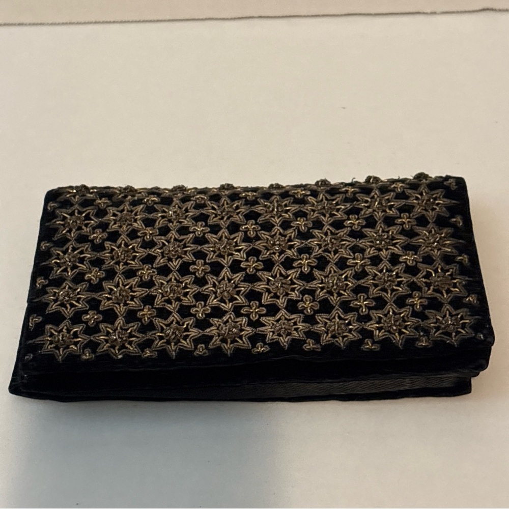 Vintage Vevet Black and Gold Handbeaded Embroidered Clutch